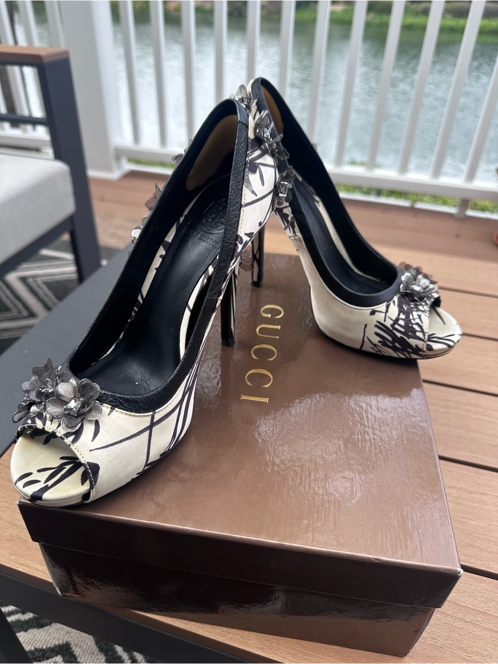 Tory Burch Black and White Floral Embellished Peep-Toe Heels